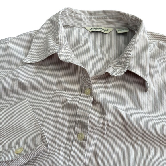 Eddie Bauer Tops - Eddie Bauer Womens XXL Tan White Striped 100% Cotton Button Down Shirt